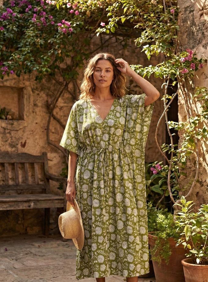 Olive green floral pattern pure cotton beach cover-up