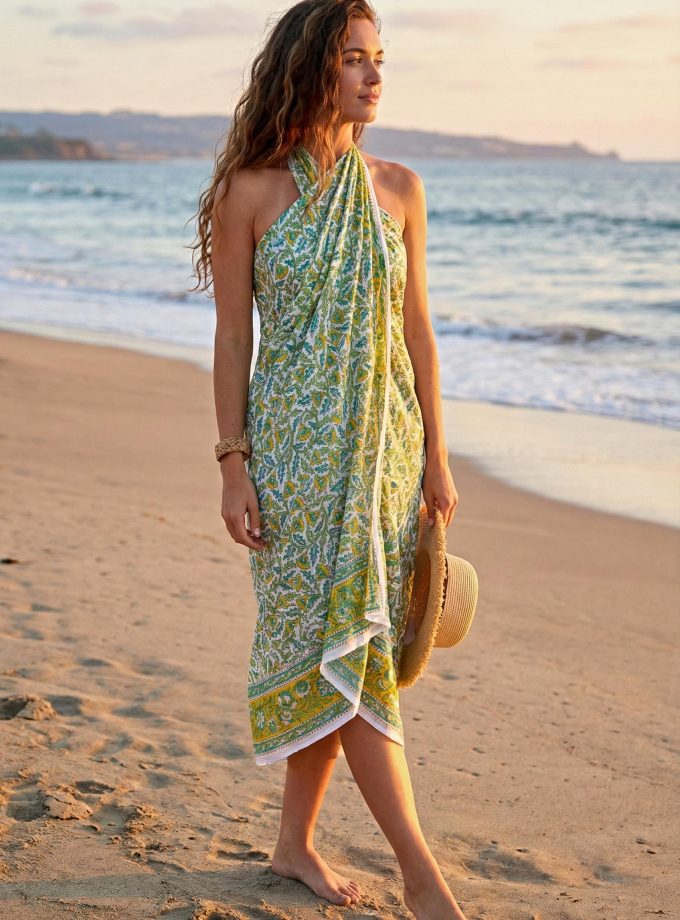 Green Botanical Cotton Beach Sarong for Women